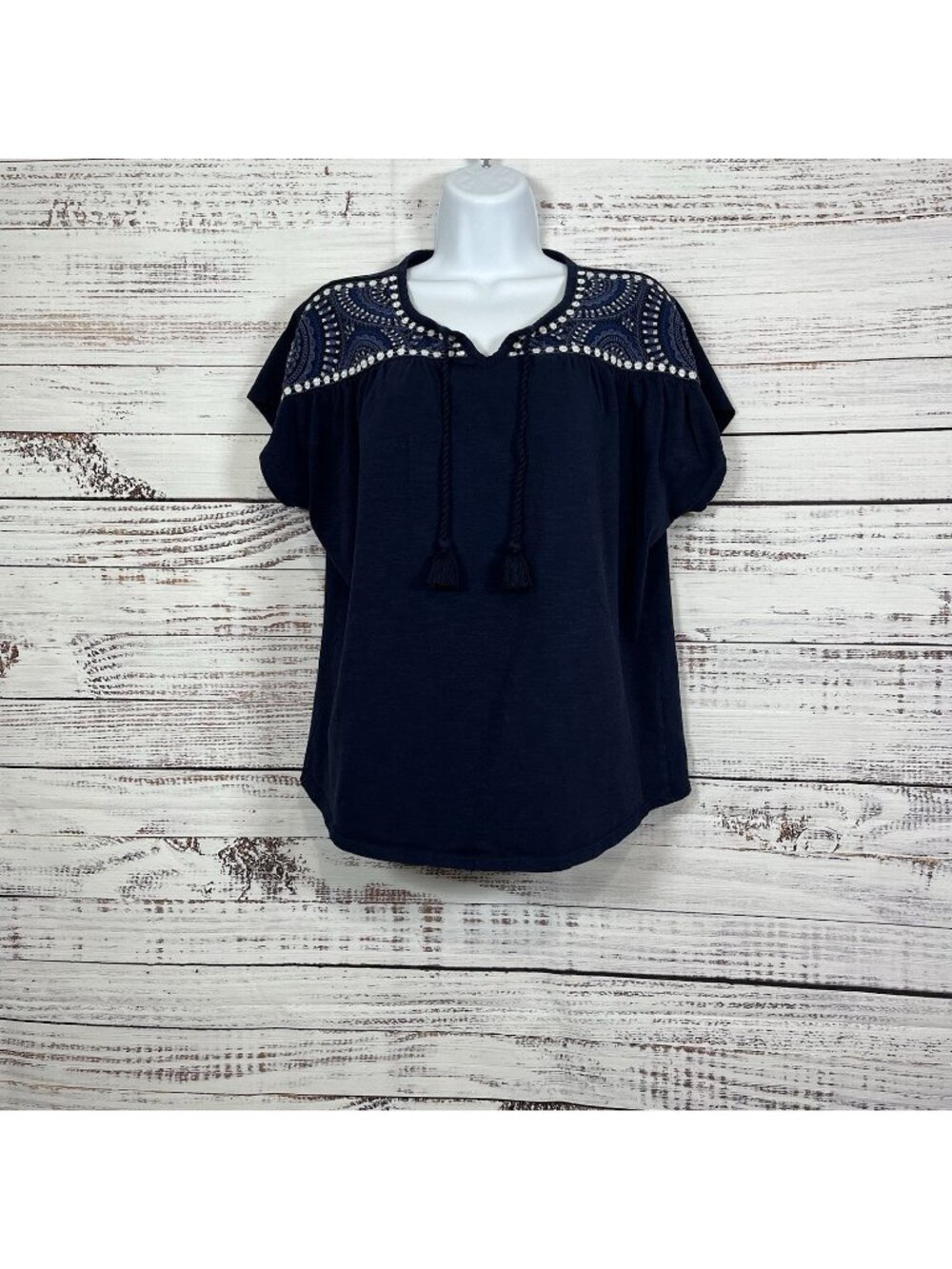Chico’s Blue Embroidered Tassel Tie Cap Sleeve Top